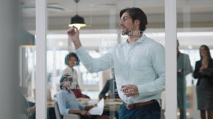 young businessman writing on glass whiteboard team leader training colleagues in meeting brainstorming problem solving strategy sharing ideas in office presentation seminar 4k
