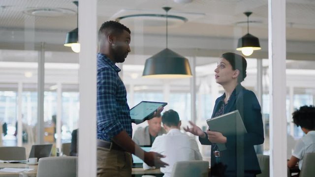businessman boss shaking hands with intern woman manager giving promotion congratulations for successful performance in corporate office workplace 4k