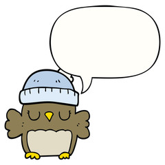 cute cartoon owl in hat and speech bubble