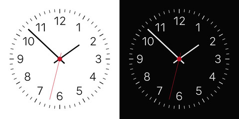 Set of Realistic illustration of a black and white clock face with numbers and a clock and a red center. Isolated on background, vector - obrazy, fototapety, plakaty