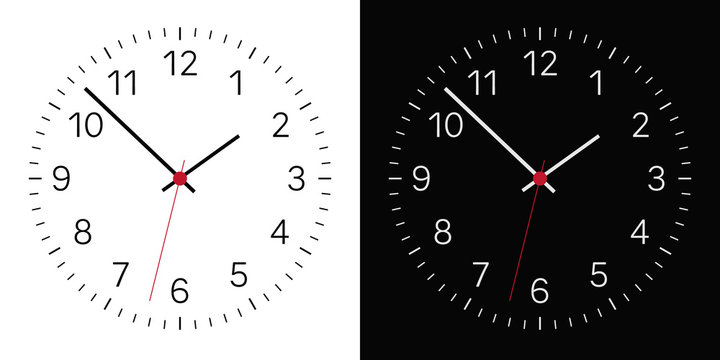 Set of Realistic illustration of a black and white clock face with numbers and a clock and a red center. Isolated on background, vector