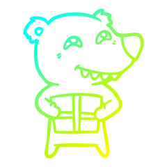 cold gradient line drawing cartoon bear with present
