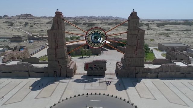 Aerial view of the entrance park of the World Town of Demons of Karamay, The Haunt of Demons, big dry desert Northwest China's Xinjiang Uyghur Autonomous Region
