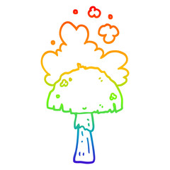 rainbow gradient line drawing cartoon mushroom with spore cloud