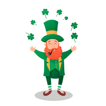 Happy Saint Patrick's Day. Character with green hat. Cartoon funny leprechaun with clover. Vector illustration