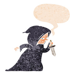 cartoon assassin and speech bubble in retro textured style