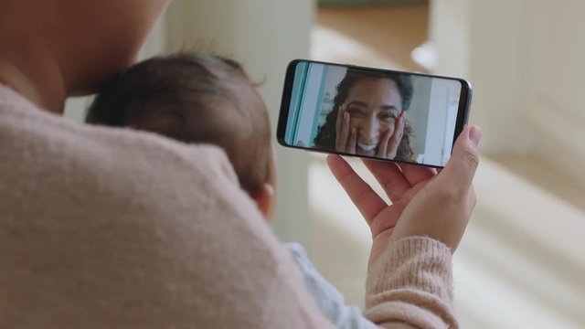 happy mother and baby having video chat with best friend using smartphone waving at toddler mom enjoying sharing motherhood lifestyle on mobile phone 