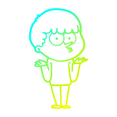cold gradient line drawing cartoon curious boy shrugging shoulders
