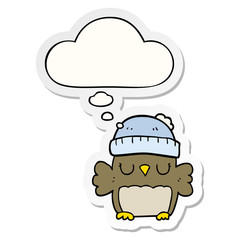 cute cartoon owl in hat and thought bubble as a printed sticker