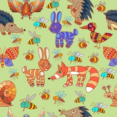 Cute forest animals. Elements of wild animals. Seamless.