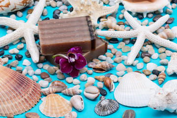 Handmade moisturizing Frankincense & Myrrh Goat's Milk Bar Soap decorated with Pebbles, Sea Stars,...