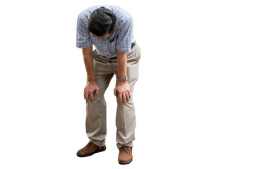Asian old man, having knee injury on both sides, On white isolated background,  to elder and health...