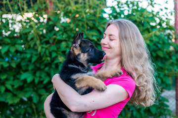 Naklejka na ściany i meble Portrait. Happy girl holding a small puppy German shepherd and smiles. Purchase and purchase of a dog, the joy of the first meeting with the animal. On a green blurred background with copy space