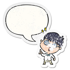 cartoon clever boy and idea and speech bubble distressed sticker