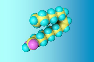 Molecular model of oleic acid. It is a monounsaturated fatty acid that occurs in various animal and vegetable fats and oils. 3d illustration