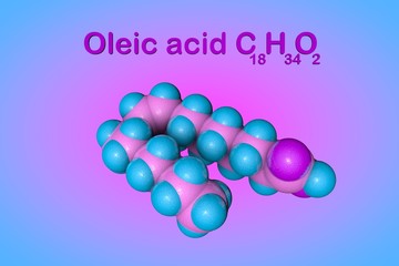 Structural chemical formula and molecular model of oleic acid. It is a monounsaturated fatty acid that occurs in various animal and vegetable fats and oils. 3d illustration