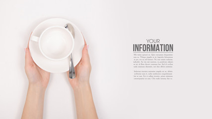 White saucer cup in hand, sample text on white background isolation