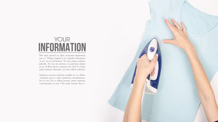 Blue iron in hand blue shirt on ironing board top view, household, sample text on white background...