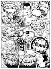 Black and white comic book page divided by lines with speech bubbles, rocket, superhero hand and sounds effect. Vector illustration