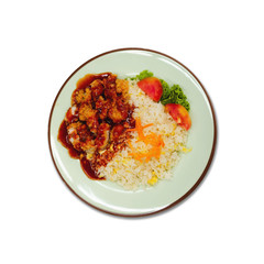 fried rice steak and french fries on white isolated background