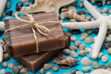 Handmade moisturizing Frankincense & Myrrh Goat's Milk Bar Soap decorated with small Pebbles, Sea...