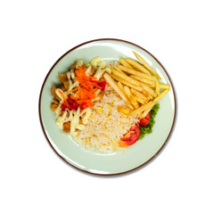 fried rice steak and french fries on white isolated background