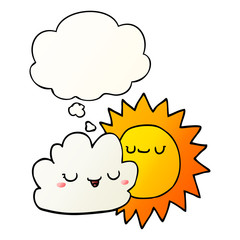 cartoon sun and cloud and thought bubble in smooth gradient style