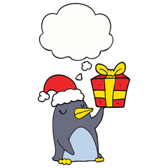 cartoon penguin with christmas present and thought bubble