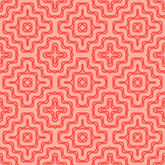 Vector wavy seamless pattern. Abstract colorful texture with concentric shapes, waves, curved lines, crosses. Trendy background in pink and red colors. Stylish modern repeat design for decor, prints