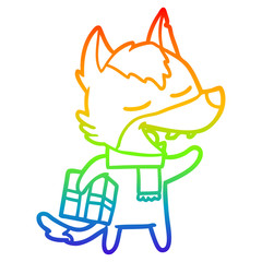 rainbow gradient line drawing cartoon wolf with christmas present laughing
