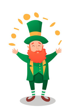 Leprechaun with red beard wearing green costume and hat and holding pot of gold coins. Saint Patrick Day and fairytale concept. Vector cartoon illustration isolated on white background. Square layout.