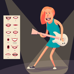 Cartoon rock artists characters singing and playing on musical instrument. guitar player and singer. vector illustration