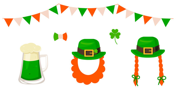 St. Patrick's Day vector decoration: hat, beard, clover, beer