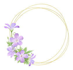 Round frame of lilac watercolor geranium flowers isolated on white background. Perfect for logo, design, cosmetics design, package, textile
