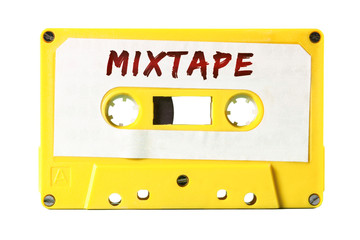 A retro vintage cassette tape (obsolete audio tech) with the handwritten text Mixtape (red marker,...