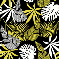 Trending bright seamless pattern with colorful tropical leaves and plants on black background. Vector design. Jungle print. Floral background. Printing and textiles. Exotic tropics. Summer design.