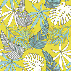 Trendy abstract seamless pattern with colorful tropical leaves and flowers on a gentle background. Vector design. Jungle print. Floral background. Printing and textiles. Exotic tropics. Summer design.