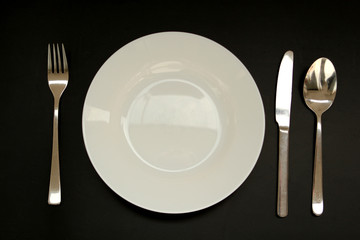 cutlery next to an empty white plate, copy space