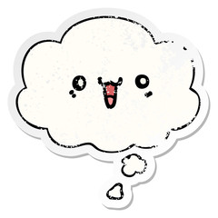 happy cartoon face and thought bubble as a distressed worn sticker