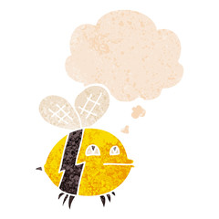 cartoon bee and thought bubble in retro textured style