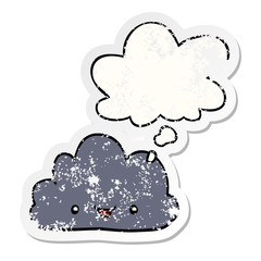 cartoon tiny happy cloud and thought bubble as a distressed worn sticker