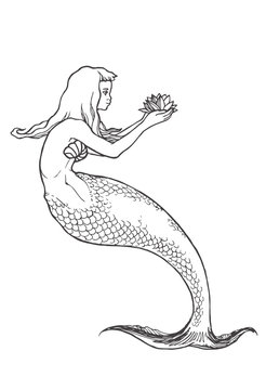 Vector Hand Drawn Illustration Of Mermaid Isolated On White. Black And White Sketch Of Nixie