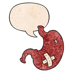 cartoon stomach and speech bubble in retro texture style