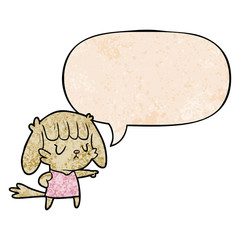 cartoon dog girl pointing and speech bubble in retro texture style