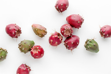 Prickly pear fruit on a white background, creative flat lay food concept, prickly pear cactus,...