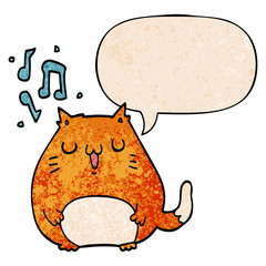 cartoon cat singing and speech bubble in retro texture style