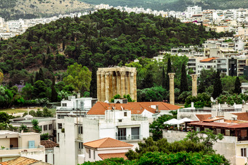 Panorama of Athens and the columns of the temple of  Zeus Olympian.