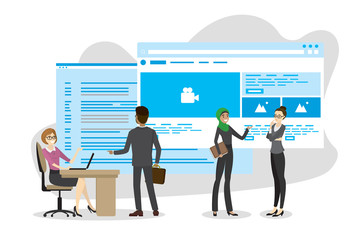 Group of business characters,people talking and discussion,web site design and interface develop,