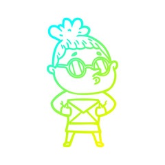 cold gradient line drawing cartoon woman wearing glasses