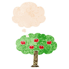 cartoon apple tree and thought bubble in retro textured style